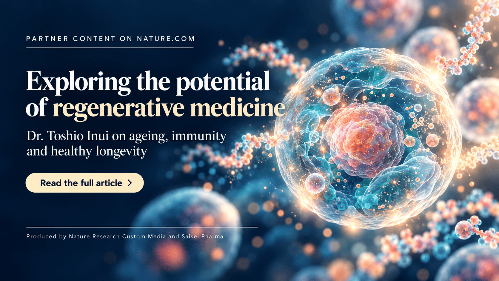 Illustrated cell graphic promoting an interview with Dr. Toshio Inui